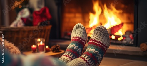 Feet in woollen socks by the Christmas fireplace in winter time