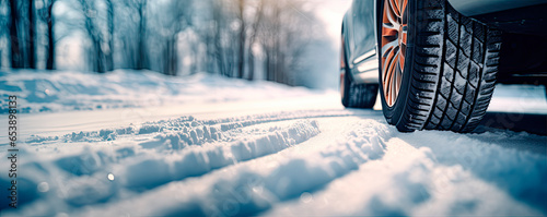Closeup of car tires in winter on the road covered with snow 