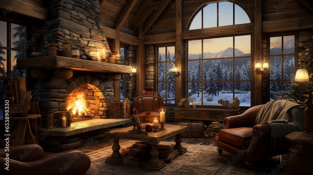 a cozy winter cabin interior with a roaring fireplace and rustic furnishings, where snowy landscapes meet warmth and comfort - obrazy, fototapety, plakaty 