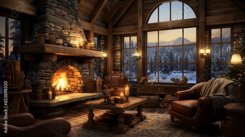 Fotografia a cozy winter cabin interior with a roaring fireplace and rustic furnishings, wh