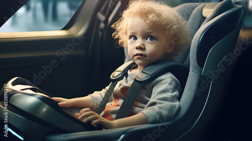 Portrait of a child sitting in a car in a modern child safety seat. Concept of child safety in a car, seat belt.