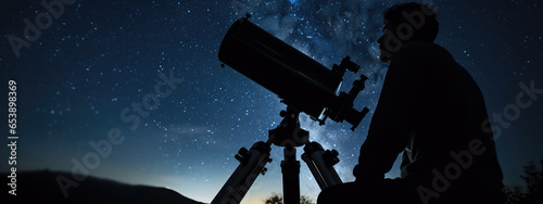 Fotografie, Obraz Male astronomer looks at the night sky through a telescope