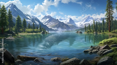 a crystal-clear mountain lake nestled within high peaks, reflecting the pristine beauty of the surrounding wilderness