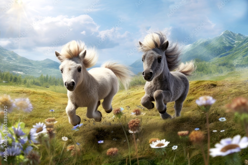 Obraz premium Horses run through beautiful flower meadows. Animal pony horse background AI Generated