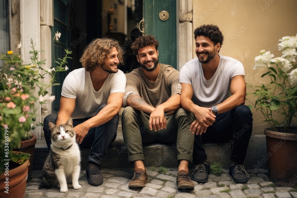 Three cheerful young men capture their friendship and joy on a sunny summer day, enjoying outdoor leisure.