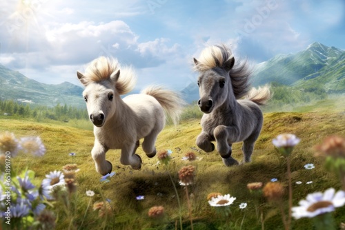 Horses run through beautiful flower meadows. Animal pony horse background AI Generated