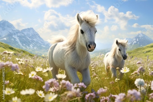 White horses run through beautiful flower meadows. Animal horse background AI Generated