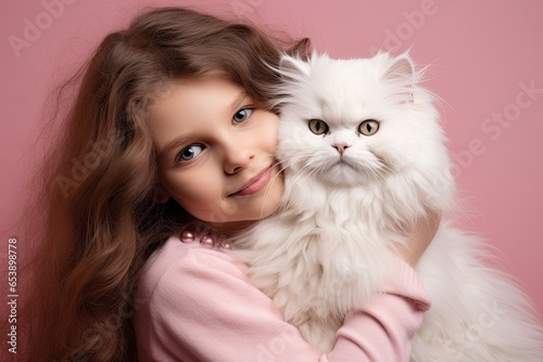 A cute girl hugging her adorable Persian kitten, their faces reflecting the warmth of a furry friendship.