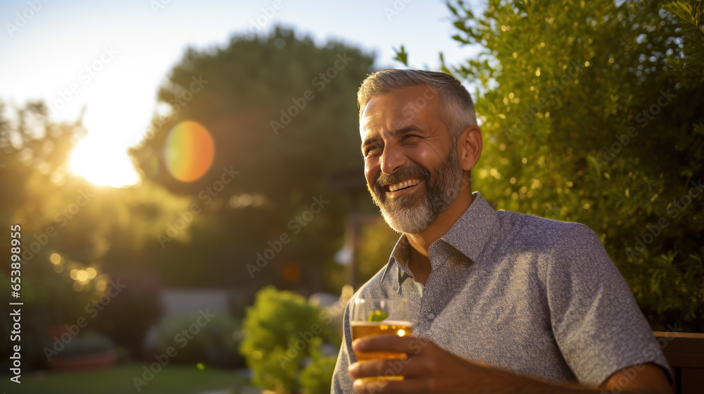 Man with a glass of alcoholic beverage during an outdoor party - obrazy, fototapety, plakaty 
