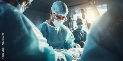Surgeons Performing a Life-Saving Procedure in a Sterile Operating Room with Precision Instruments, Saving a Patient's Life Through Expertise and Teamwork in Healthcare photo