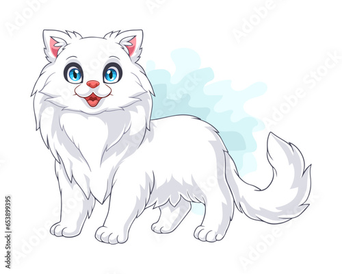 Cartoon funny white cat isolated on white background