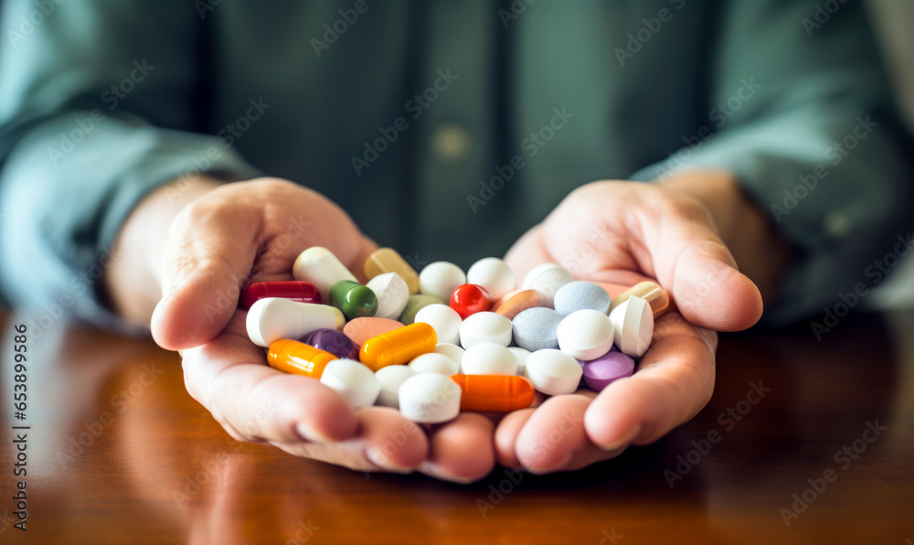 A small assortment of diverse pills held in a hand