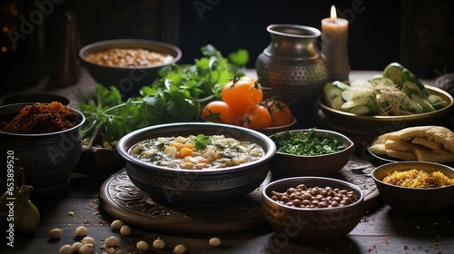 Traditional Turkish Ramadan,iftar meal table with lentil soup in vintage silver soup bowl on middle of table with other foods.