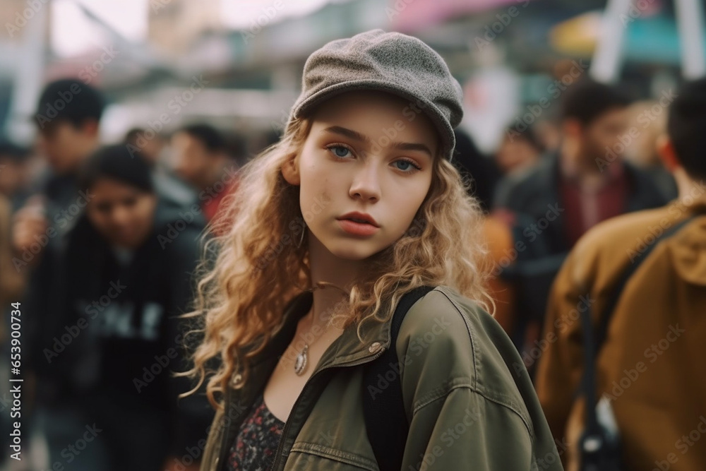 Portrait of stylish young teenager girl at street of big west city