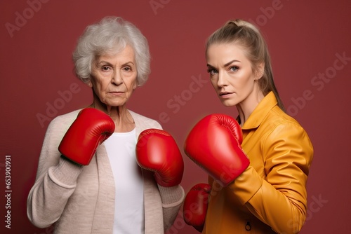 Young and Old Women in Red Boxing Gloves - Solidarity Concept © Nick Alias