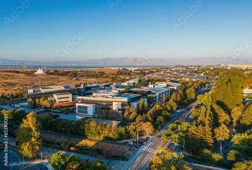 MOUNTAIN VIEW, CA - AUGUST 29, 2022: Googleplex - Google Headquarters office buildings seen in an aerial view.