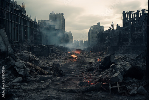 A destroyed city with ruined streets