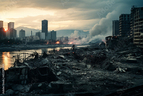 A destroyed city with ruined streets