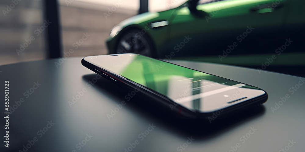 Smartphone with open electric car charging app on table against blurred green EV car background.