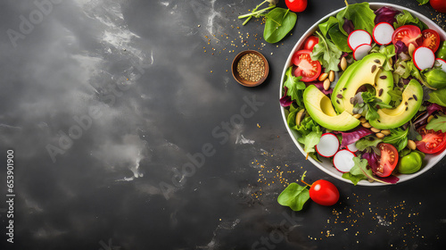 Top view of fresh salad with fresh vegetables - tomatoes, arugula, avocado, radish and seeds in a round bowl. Plate on marble table with copy space. © dinastya