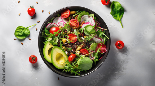 Top view of fresh salad with fresh vegetables - tomatoes, arugula, avocado, radish and seeds in a round bowl. Plate on marble table with copy space.  photo