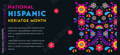 Hispanic heritage month. Vector web banner, poster, card for social media, networks. Greeting with national Hispanic heritage month text, flowers on floral pattern background. Vector illustration photo