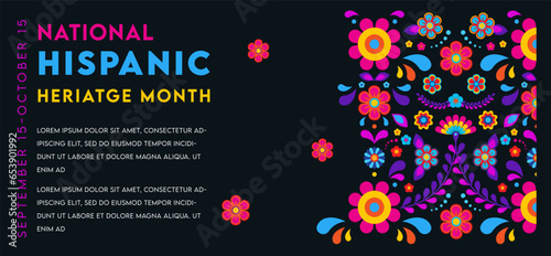 Hispanic heritage month. Vector web banner, poster, card for social media, networks. Greeting with national Hispanic heritage month text, flowers on floral pattern background. Vector illustration