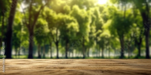 wooden floor and blurred tree forest on behing background. Generative AI image weber.