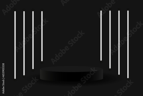 White neon light 3D black geometric stage podium background.Black Friday sale concept and scene for products stage showcase awarding. Vector illustration.