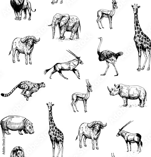 Seamless pattern with african animals  lion  elephant  gazelle  rhinoceros  cheetah  antelope  hippopotamus  rhinoceros  giraffe. Vector sketch illustration
