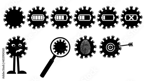virus monochrome icons, virus monochrome icon sets, virus character, power, search,Identify, neutralization