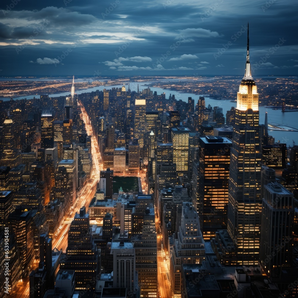 Breathtaking panoramic view of New York City from the iconic Empire State Building's rooftop. The sprawling metropolis stretches as far as the eye can see, with its glittering skyline, bustling street