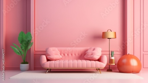 3D render of an interior design concept featuring a sale of home decorations and furniture. The scene is filled with beds  sofas  armchairs  and advertising banners in a pastel-colored setting during 
