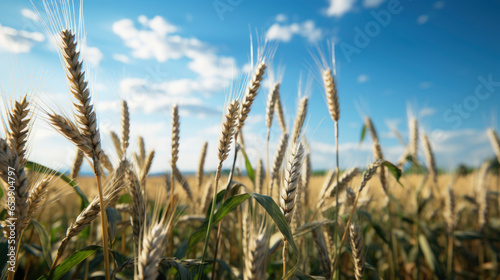 Wheat on field with blue sky and cloud. Agriculture, countryside concept. Farming organic food. banner