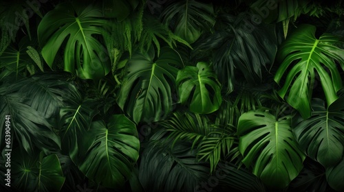 Panoramic nature background featuring a group of lush, dark green tropical leaves, including monstera, palm, coconut leaf, fern, and banana leaf