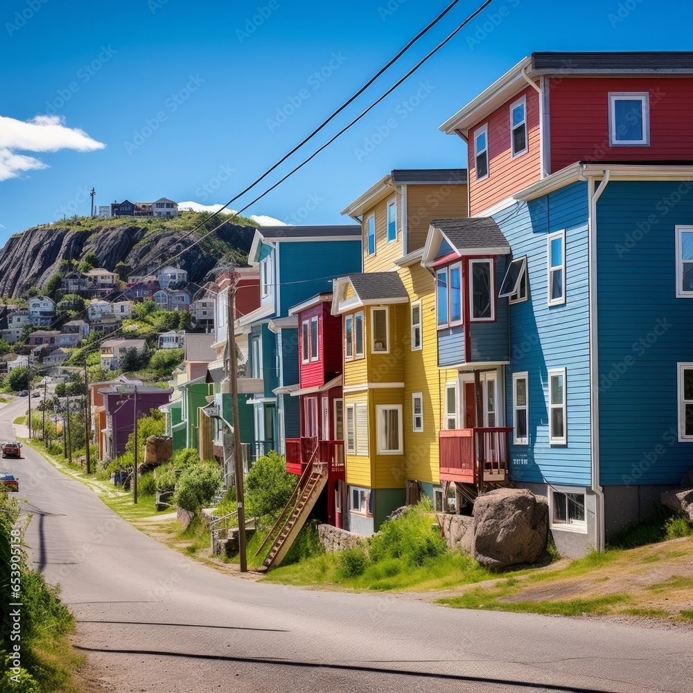 Signal Hill is a vibrant neighborhood in St. John's, Newfoundland, Canada, known for its colorful houses and picturesque views - obrazy, fototapety, plakaty 
