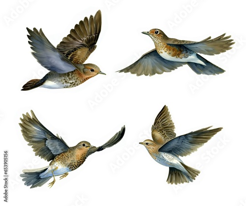 Watercolor painting set of Bicknell's Thrush flying isolated on a white background © Shoofly 3D