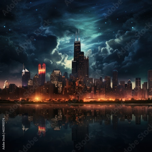 Urban Nightscape: A stunning and dynamic city skyline illuminated under a starry night sky. The cityscape comes alive with vibrant lights, casting a mesmerizing glow over the buildings, streets