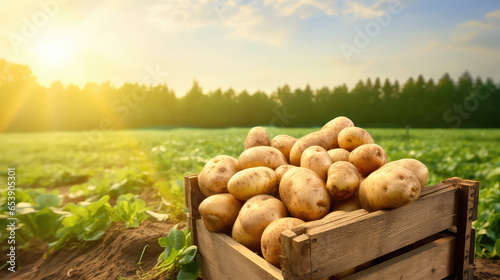 Simple wooden box full of dirty potatoes against green field on sunny day. Harvesting potato, growing vegetables, gardening.  © SnowElf