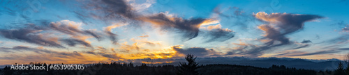 Panorama of sunset with dreamy Virga clouds over the Black Hills, Capitol State Forest near Olympia, Washington, USA; Washington, United States of America