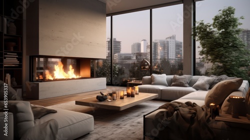 Interior design, stylish modern apartment with a fireplace in the center, small cozy apartment. © Ceyhun
