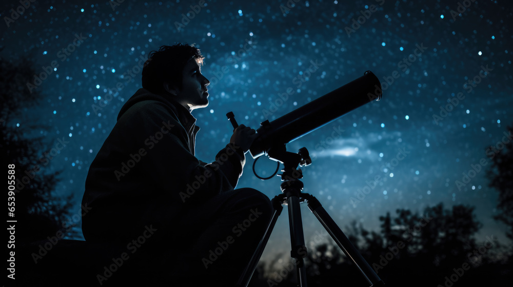 Male astronomer looks at the night sky through a telescope