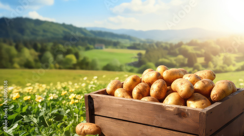 Simple wooden box full of dirty potatoes against green field on sunny day. Harvesting potato, growing vegetables, gardening. 
