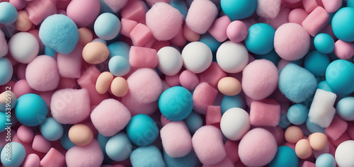 Background from multi-colored marshmallow balls. Generative AI.
