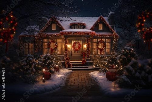 Traditional houses decorated with christmas garlands and lights