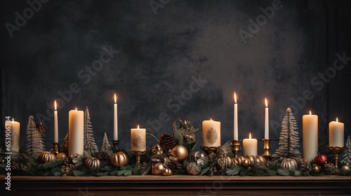  a christmas mantle with candles and ornaments on it and a dark background. generative ai