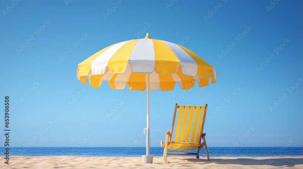 A bright striped umbrella opened up and propped against a yellow and white striped beach chair 