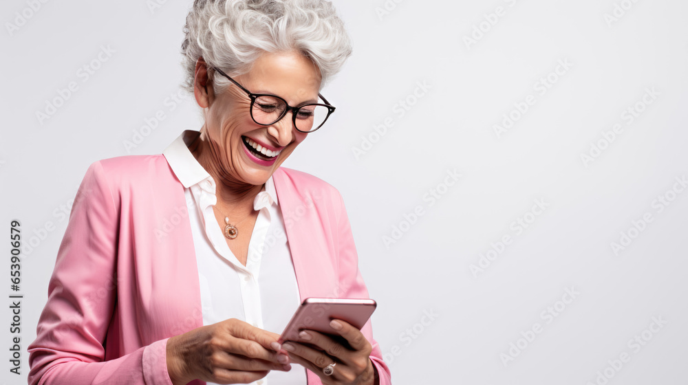 An elderly woman smiling and laughing with her phone against a colored background. An elderly woman smiling and laughing with her phone against a colored background.