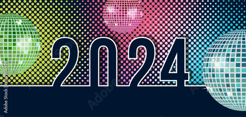 2024- bannière ou carte pour souhaiter la nouvelle année dans une ambiance joyeuse et disco année 80.