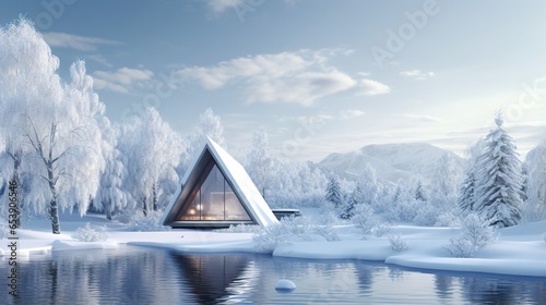  a cabin in the middle of a snowy landscape with a lake.  generative ai © Olga